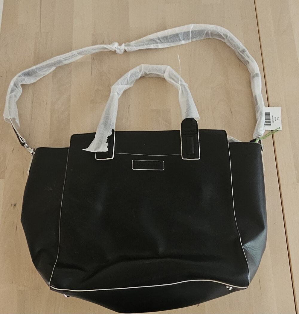 NEW, Vera Bradley Black Leather Tote Bag With White Trim, Still Wrapped!